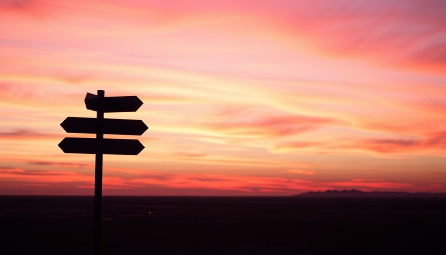 AI-Shaped Buyer Journey concept with a signpost in sunset.