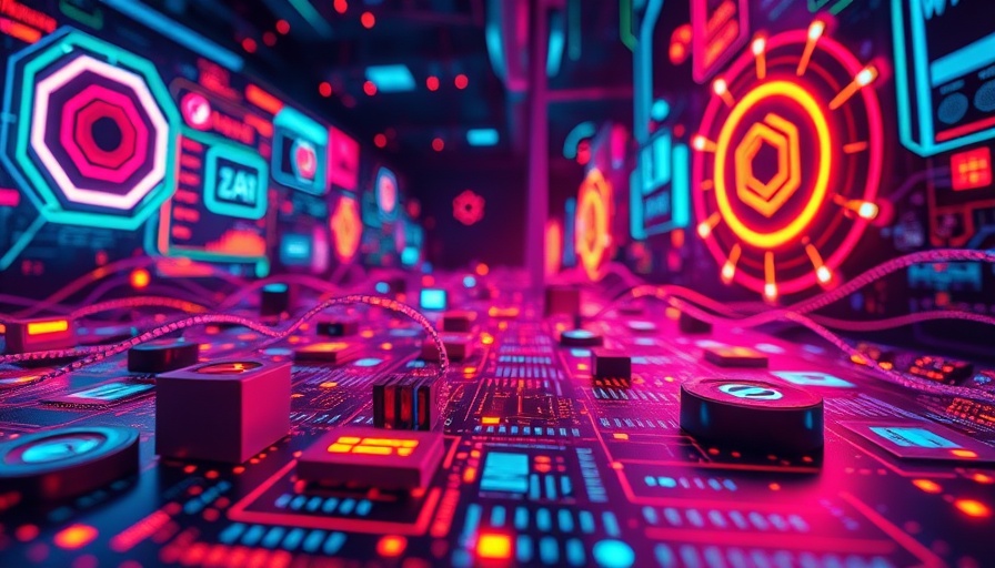 Neon icons representing top apps for small businesses on a digital grid.