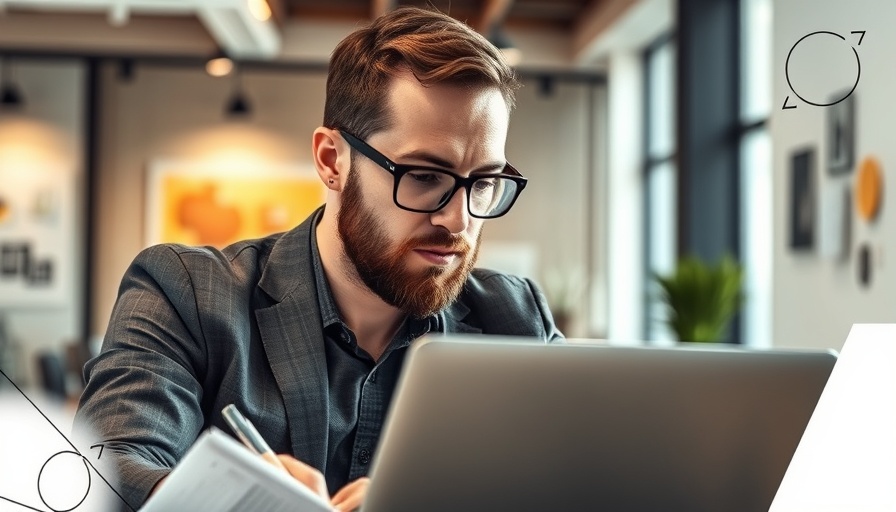 Businessman conducting content research for small businesses in modern office.