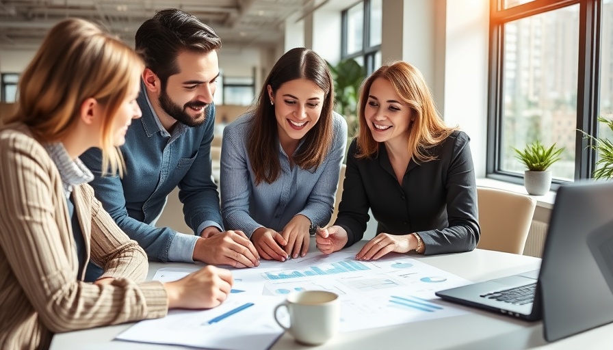 Professionals using AI marketing tools for small businesses during a meeting.