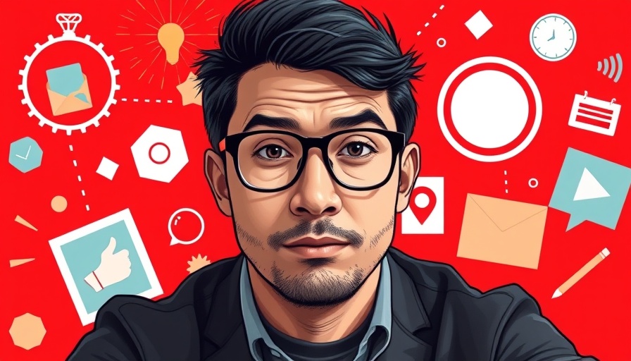 Colorful abstract marketing portrait with red background and shapes.