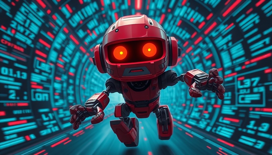 AI's favorite punctuation mark depicted in a frantic robot running through a data tunnel.