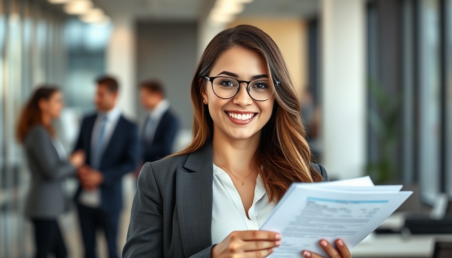 Confident brand development consultant smiling in modern office.
