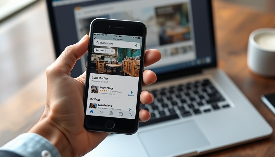 Smartphone screen showing business ratings, enhancing local SEO strategy.