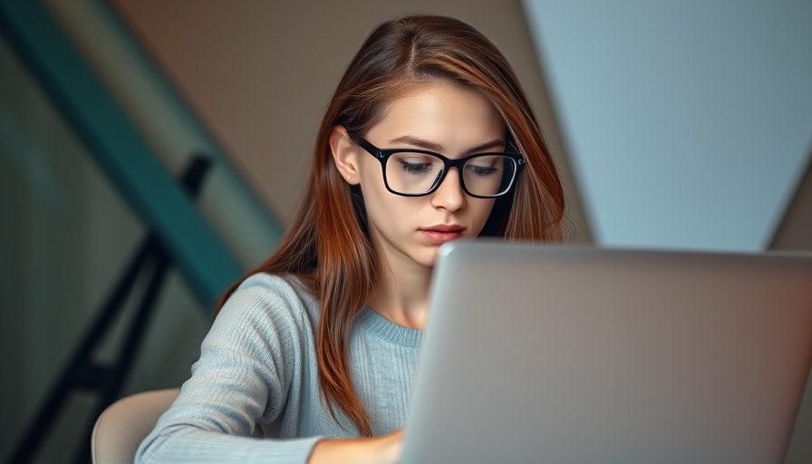 Contemplative young woman working on a laptop, abstract background.
