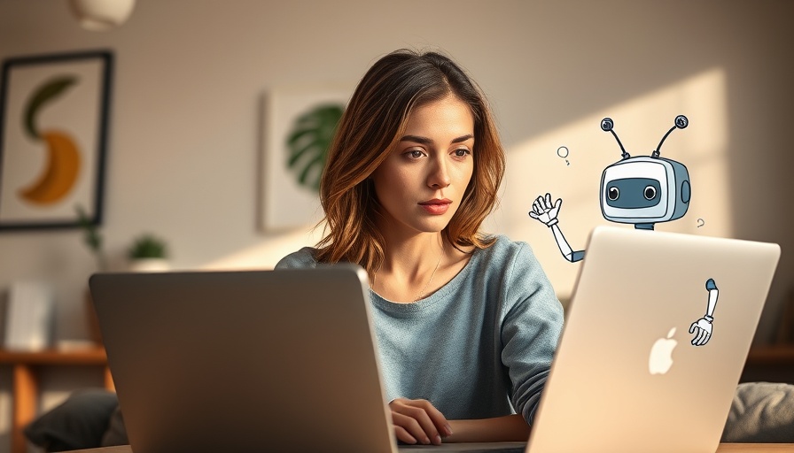 Young woman using AI tools, cheerful robot illustration.
