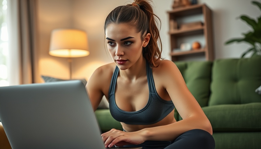 Young woman engaging in online learning at home, fitness setting