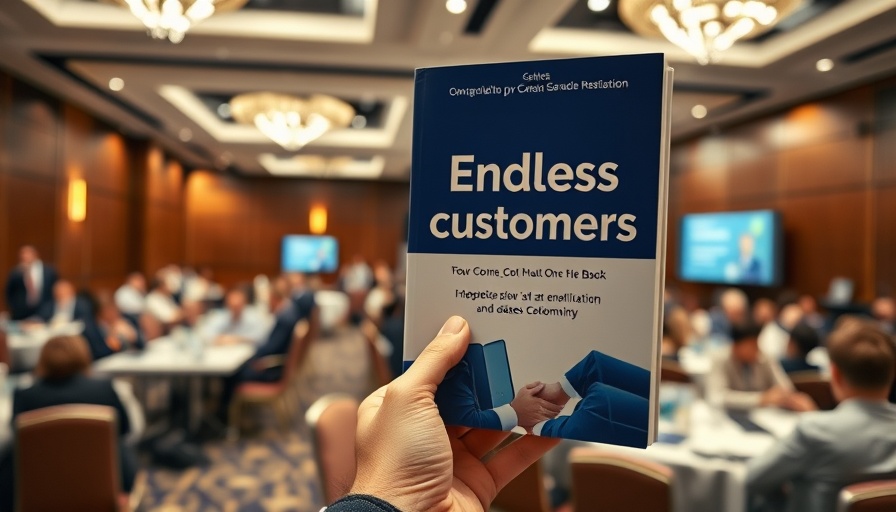 Hand holding 'Endless Customers' book at a vibrant conference.