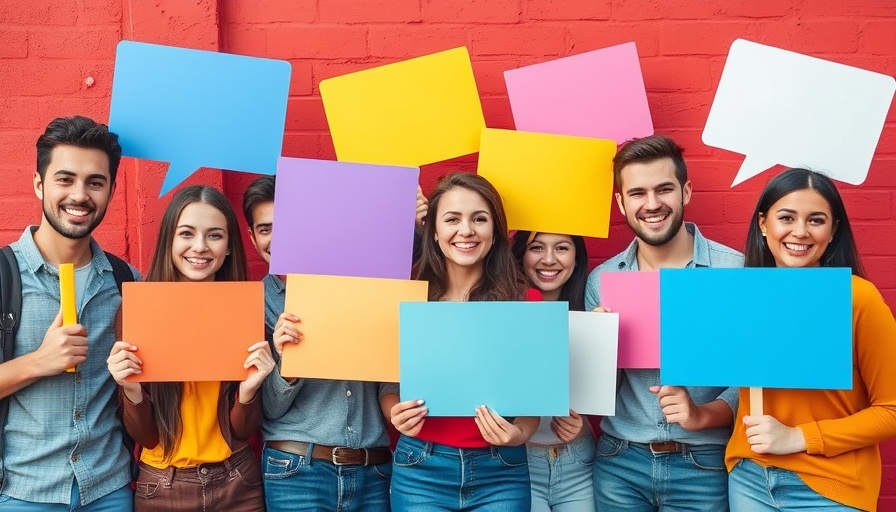 Group of young people with speech bubbles symbolizing marketing insights.