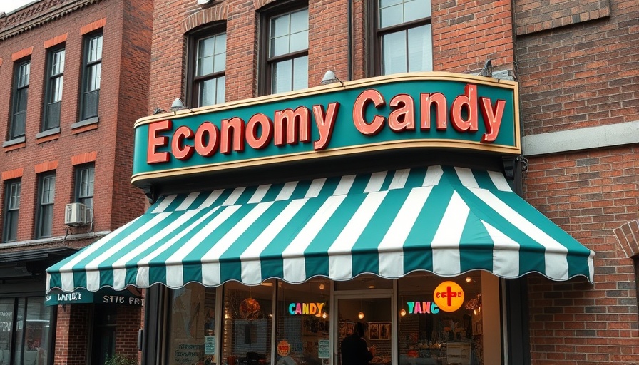 Vintage candy store exterior showcasing retro signage and striped awning, ideal for small business e-commerce strategies.