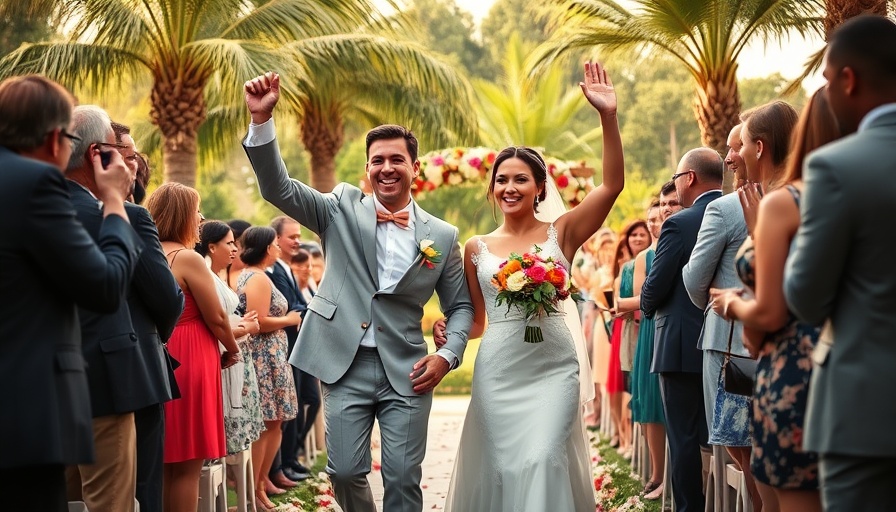 Joyful wedding couple with guests outdoors, Wedding Vendors scene.
