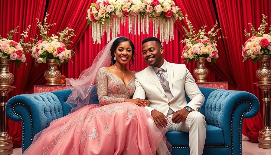 Joyful wedding couple on blue sofa with vibrant background.