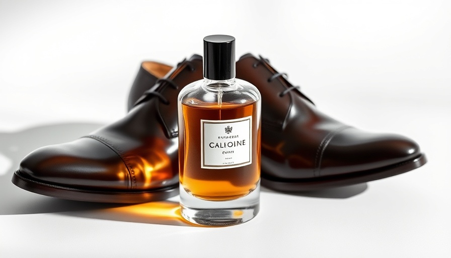 Elegant wedding day colognes for grooms with text and shoes.