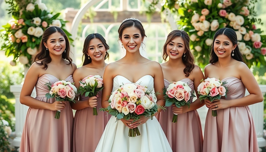 Lakeside wedding ideas: joyful bride with bridesmaids in satin dresses holding floral bouquets.