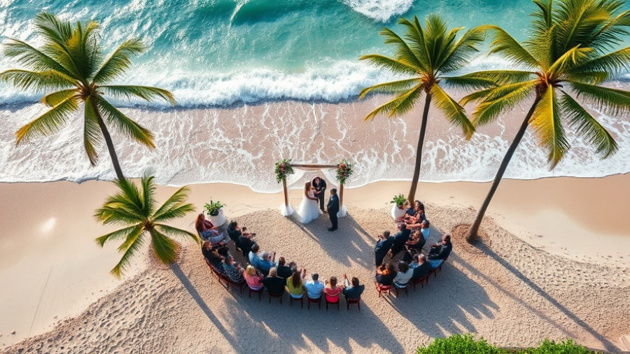 Aerial view of coastal wedding setup with ocean backdrop.