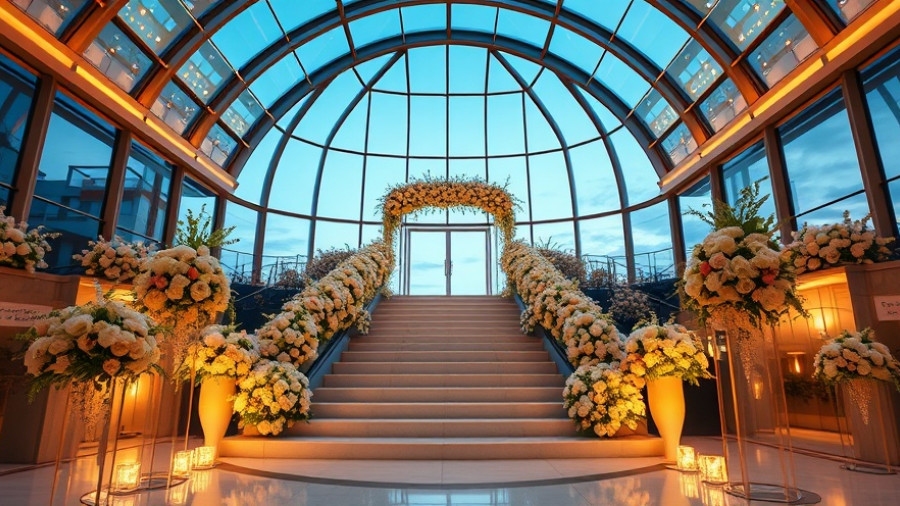 Elegant glass wedding venue with floral decorations and ambient lighting, ideal for wedding vendors.