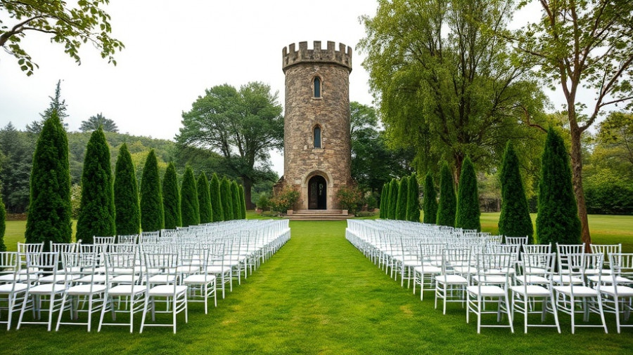 Elegant outdoor wedding venue with chairs and stone tower.