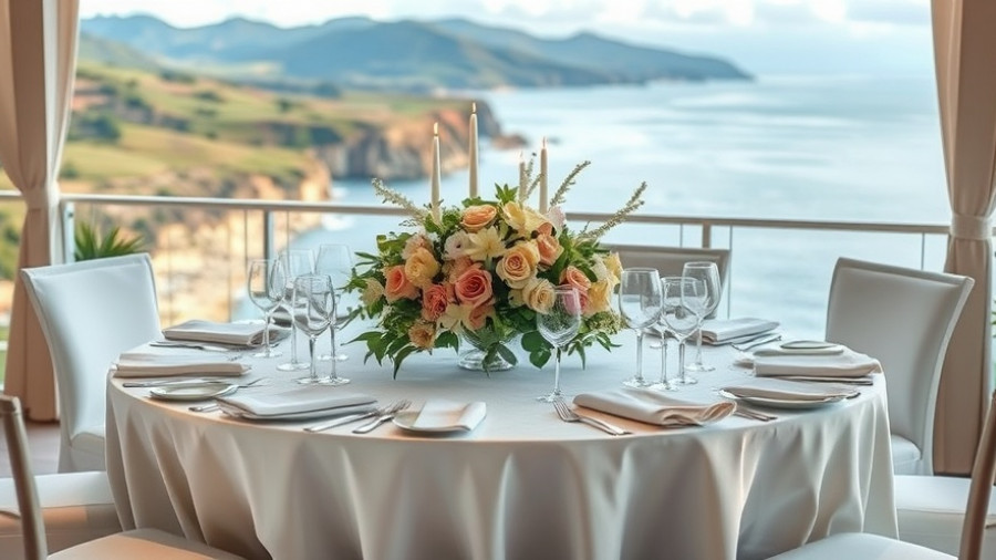 Wedding table setting at Sea Ranch Lodge with coastal view.