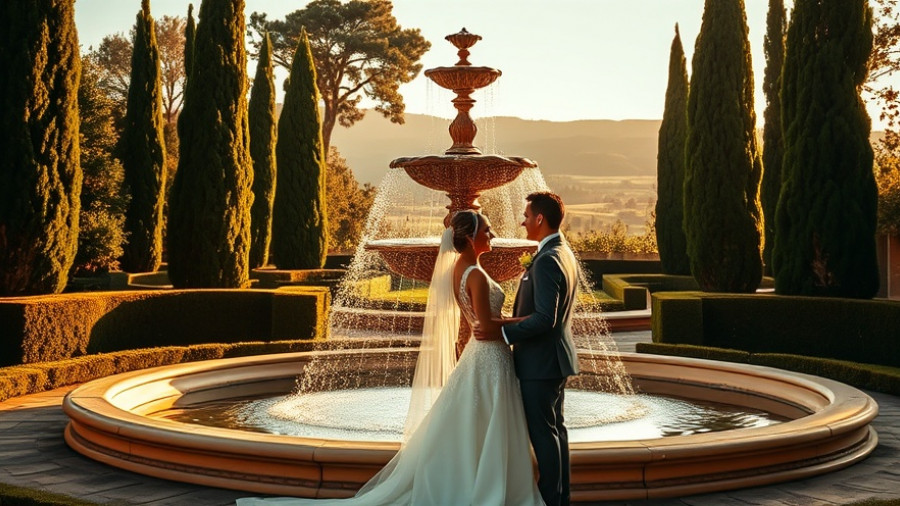 Romantic Tuscany wedding venue with bride and groom by a fountain.