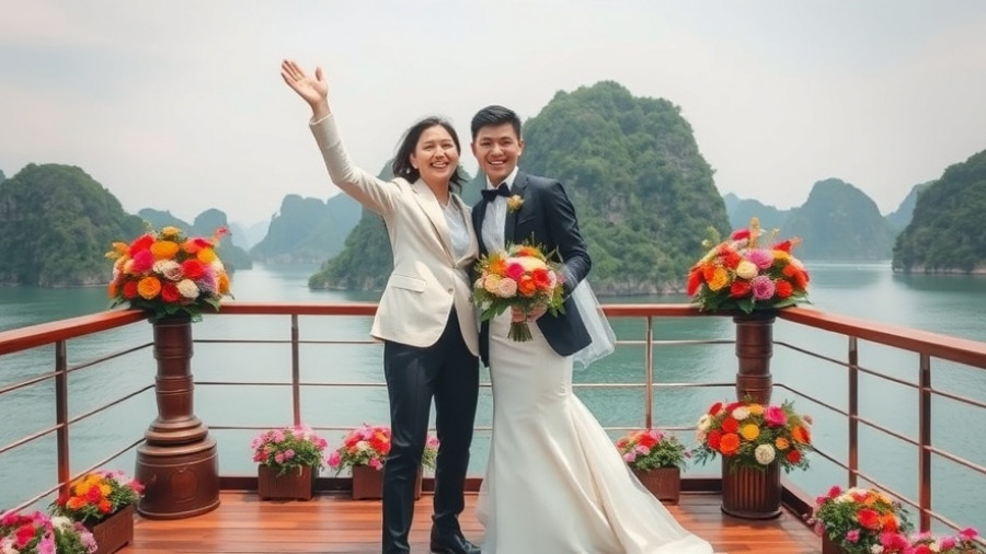 Joyful couple at destination wedding in Halong Bay.