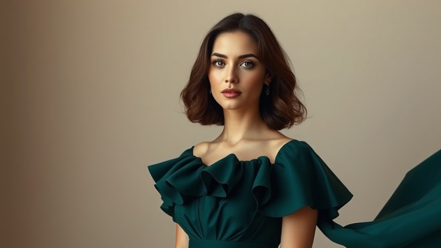 Elegant semi-formal wedding guest dress in dark green with ruffles.