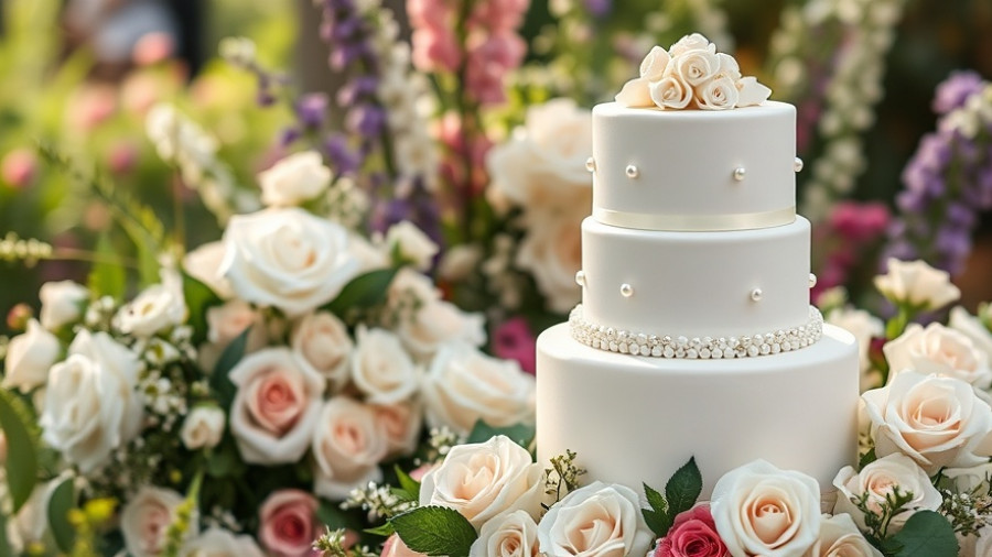 Lush florals and candlelight for weddings: White cake among roses.