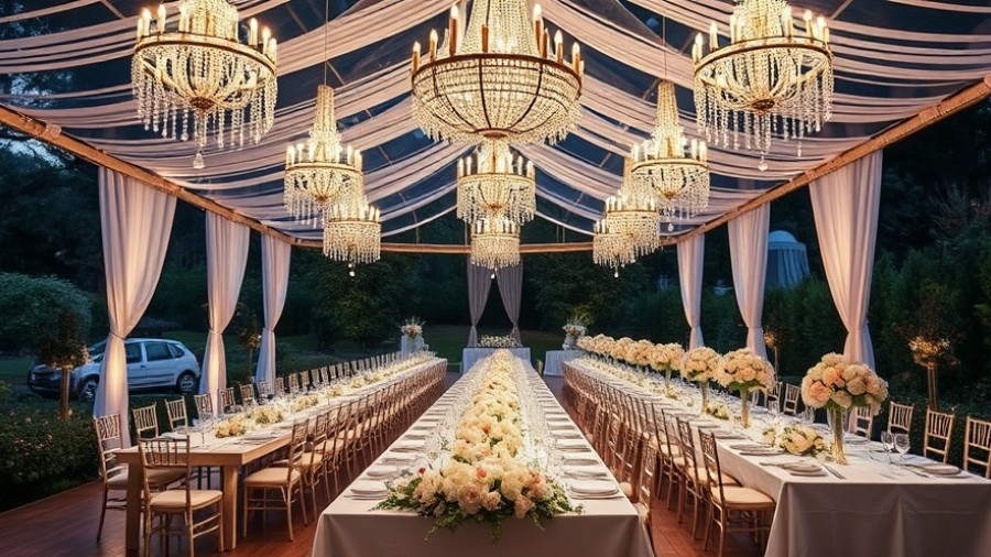Elegant outdoor wedding reception setup with chandeliers and long table.