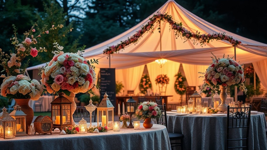 Victorian garden party wedding display with florals and lighting.