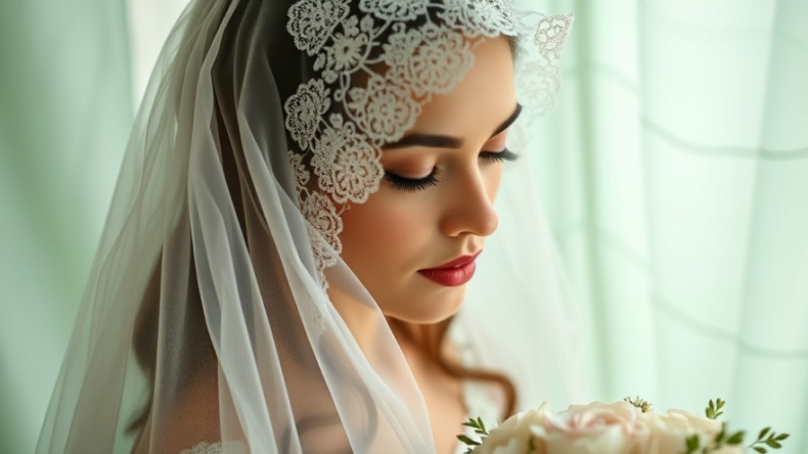 Bride with lace mantilla veil and bouquet, soft lighting.