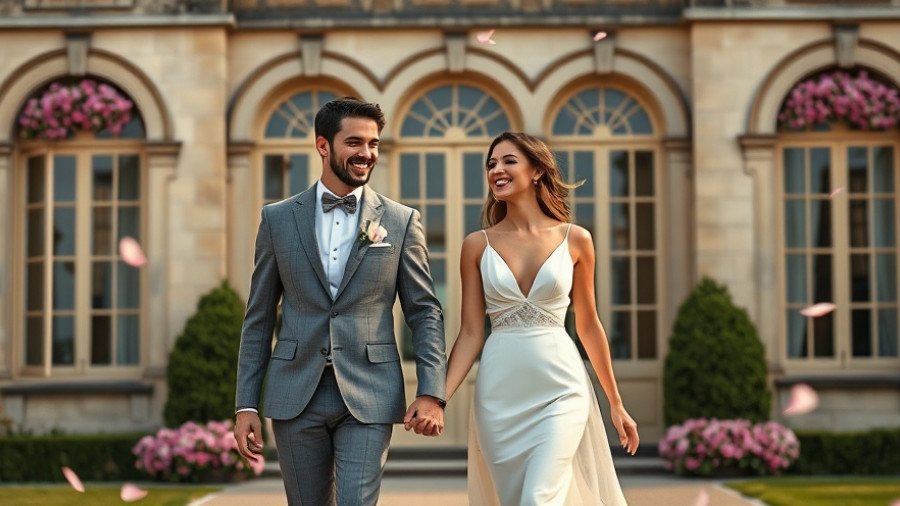 Elegant couple at French château wedding venue, joyous and surrounded by flowers.