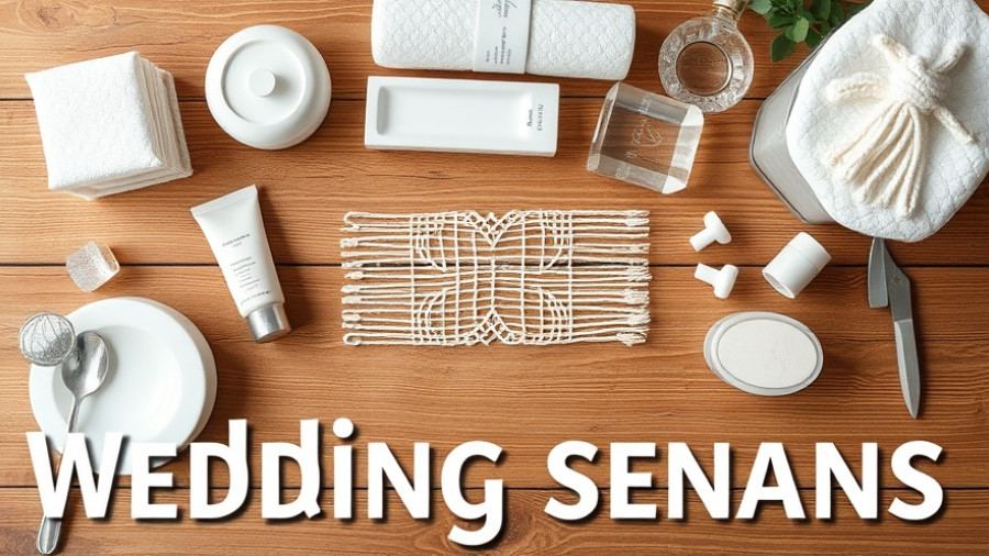 Assorted wedding bathroom essentials on wooden surface with bold text.