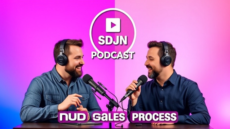 Vibrant podcast banner on Wedding DJ Sales Process with two hosts.