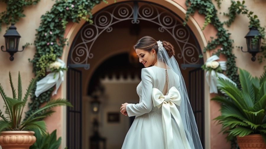 Elegant Mediterranean wedding couple embracing.