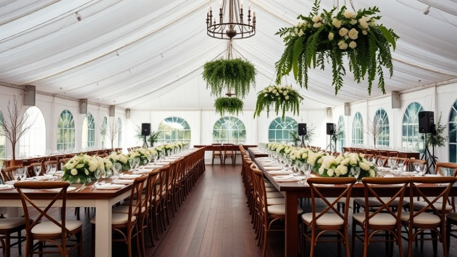 Charleston inspired wedding reception with elegant floral decor and wooden chairs.
