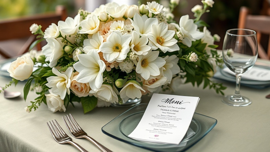 Elegant modern garden party wedding table setting with floral centerpiece.