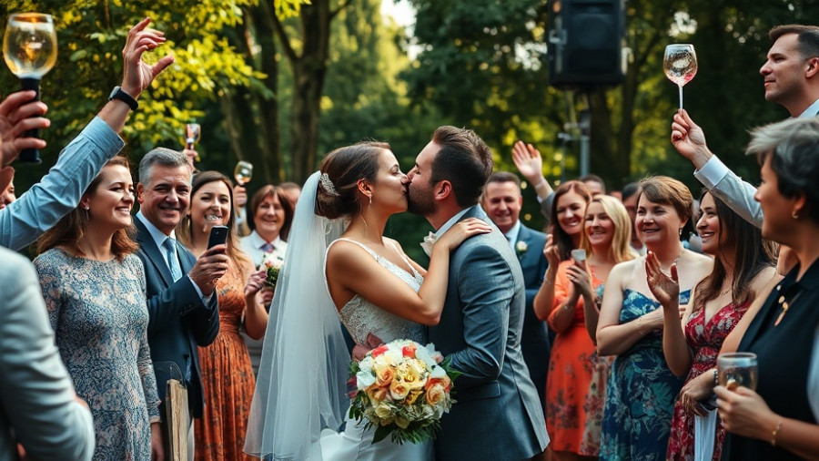 Newlywed couple kissing at garden wedding celebration with guests.
