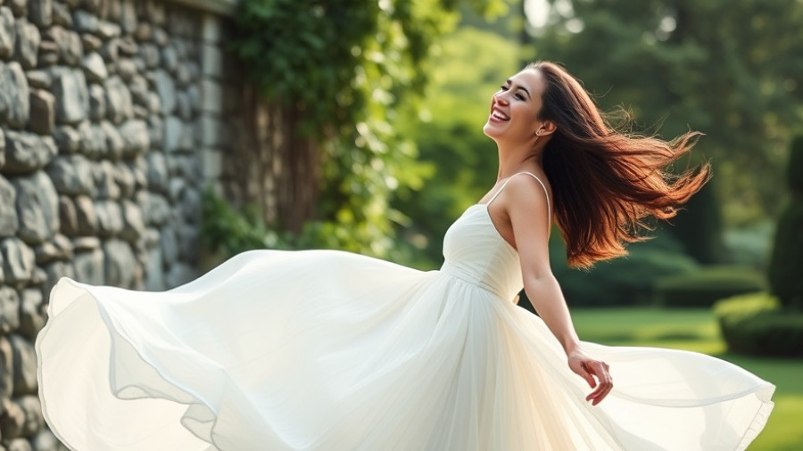 Joyful bride in white dress at minimalist garden wedding.