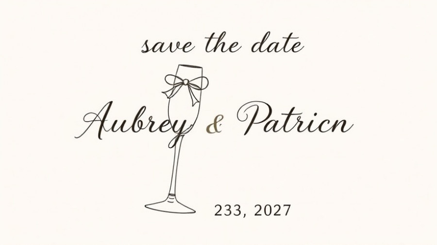 Elegant personalized wedding save-the-date card with champagne glasses.