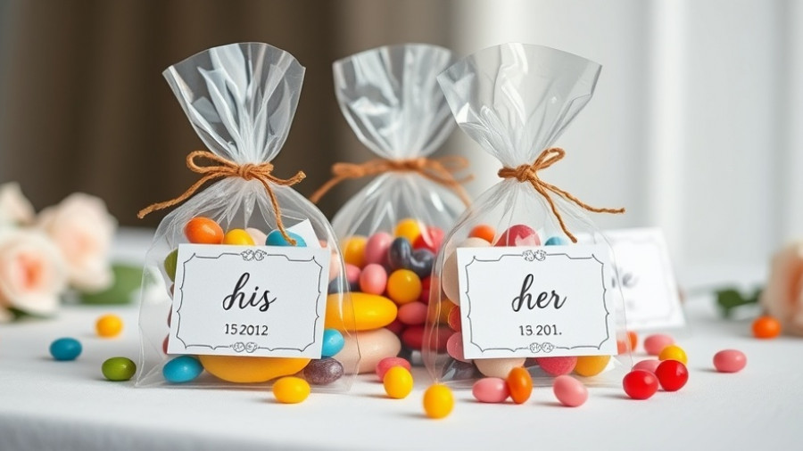 Elegant wedding favors with 'his' and 'her' labels on candy bags.