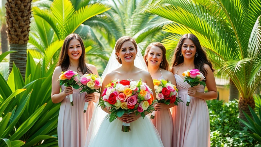 Bride with bridesmaids holding flowers in a sunny garden setting.