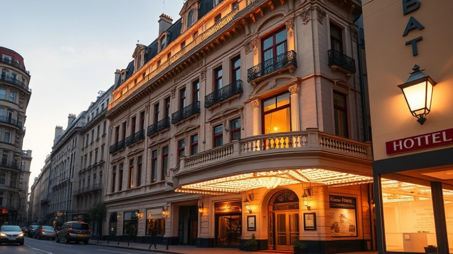 Elegant Dublin hotel wedding venue facade, illuminated at dusk.