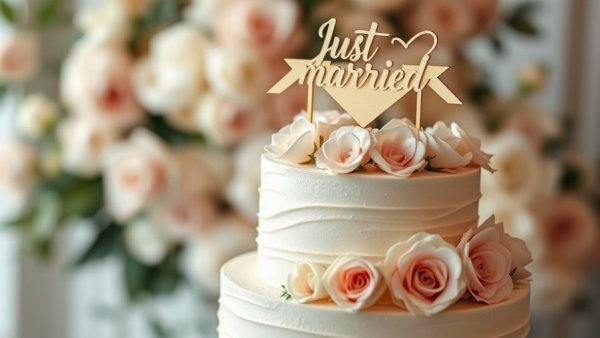 Just Married pennant cake topper on floral wedding cake.