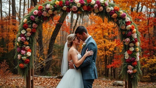Romantic autumn woodland wedding with couple under floral arch.