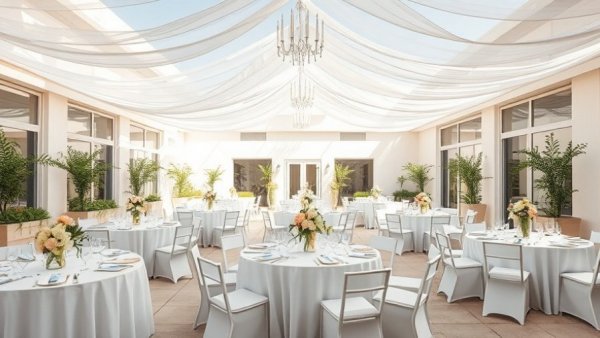 Elegant outdoor wedding setup with tables and white drapery.