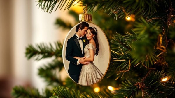 Vintage-style First Christmas Married ornament with wedding portrait