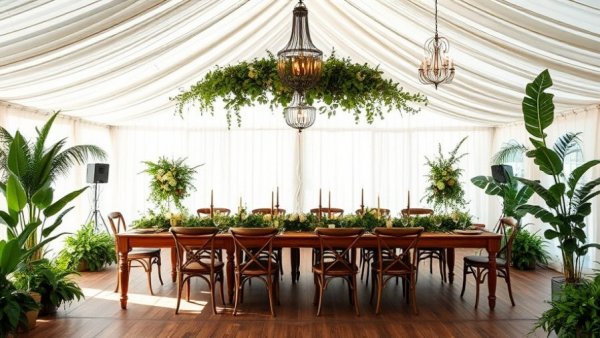 Elegant Greenery Wedding Design in a draped tent.