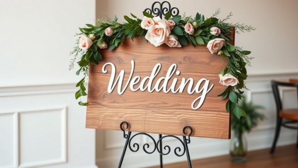 Rustic wedding sign with greenery and pink flowers on decorative stand.
