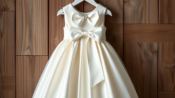 Affordable flower girl dress under $100 with large bow on rustic wall.