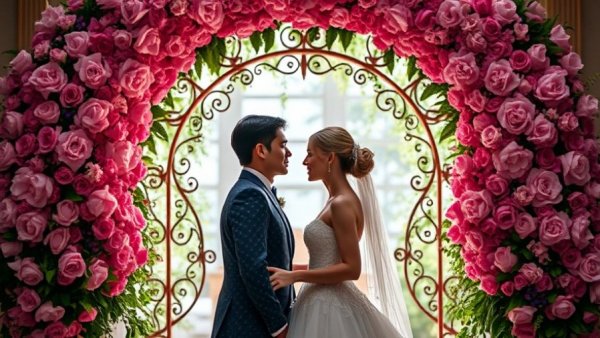 Elegant wedding couple at Anderson House Weddings with floral backdrop.