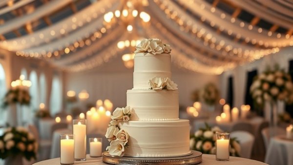 Elegant wedding cake in clear-top tent setting with floral decor.